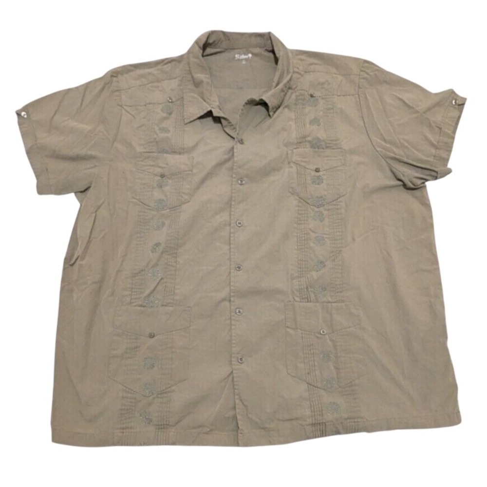 KS Island Mens 3XL Big Guayabera Shirt Khaki Short Sleeve Embroidered‎ 4 Pocket